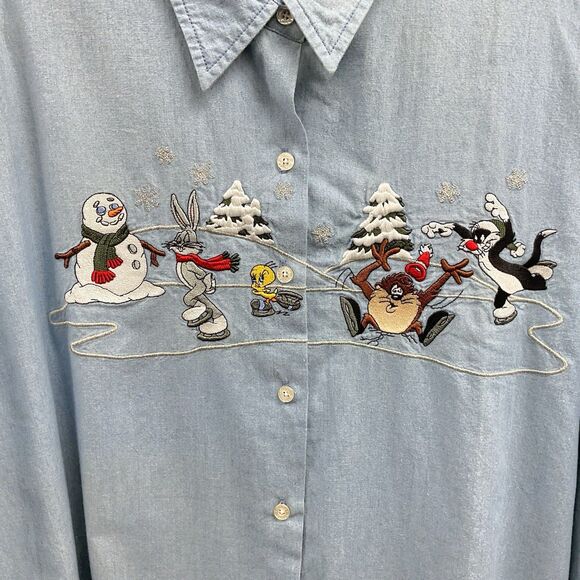 Vtg 1998 Warner Bros Studios Womens XL Embroidered Looney Tunes Christmas Shirt - Picture 5 of 7